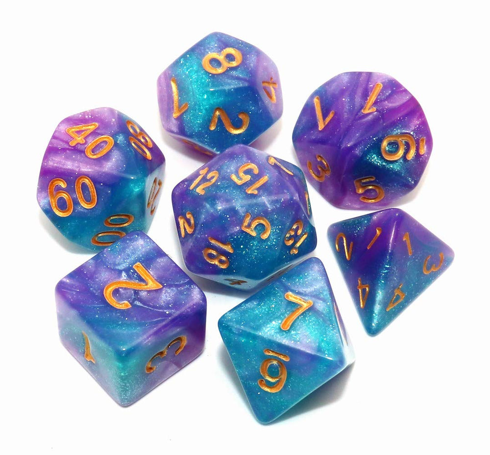 CREEBUY lake blue purple glitter DND dice set for tabletop RPGs
