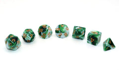 CREEBUY green-white D&D d12 dice close-up showing balanced feel for reliable rolls.