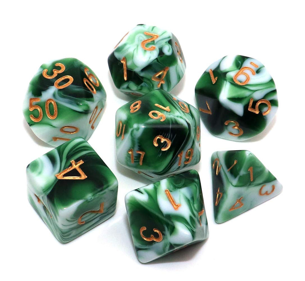 CREEBUY polyhedral D&D dice green-white d20 close-up with large gold numbers for easy reading.