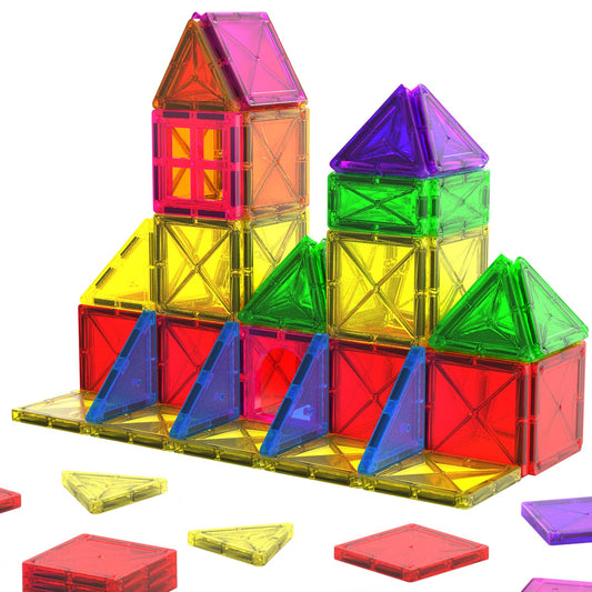 Crenova mini magnetic tiles in a travel tote, ideal for on-the-go learning.