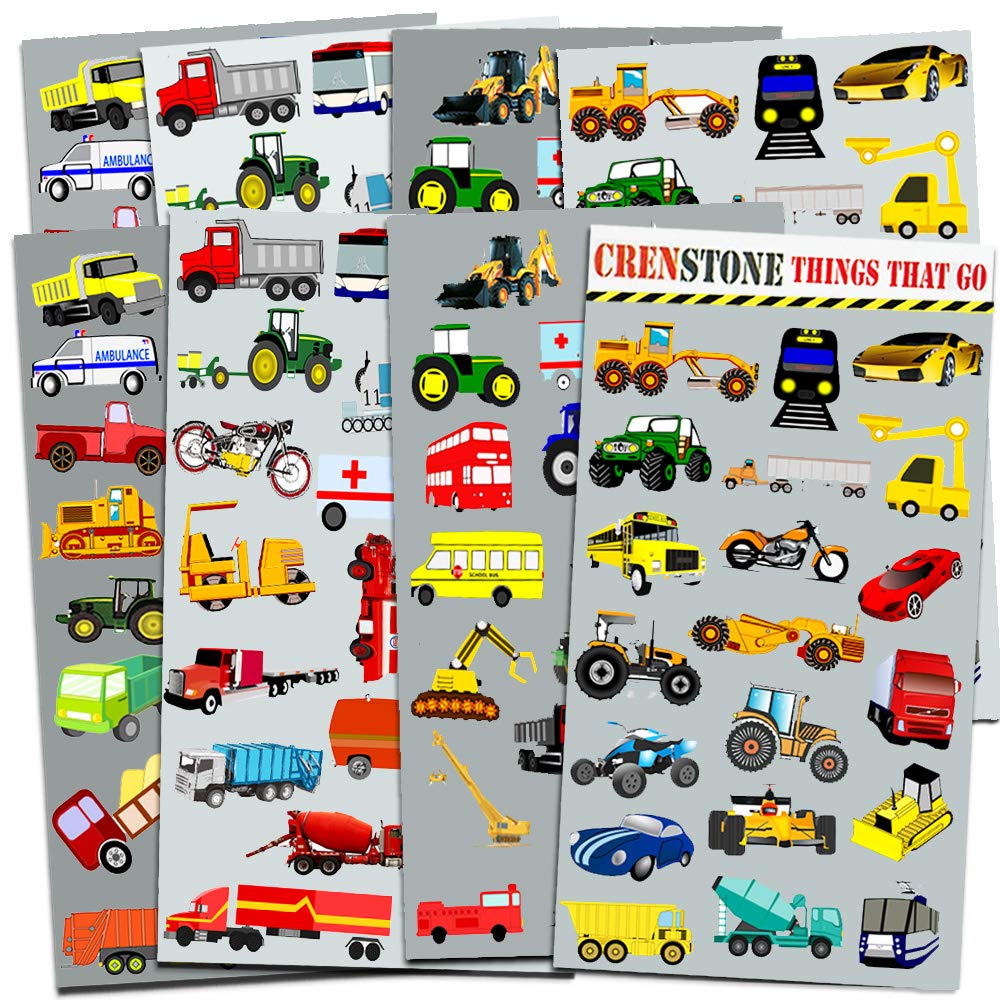 Crenstone Cars and Trucks sticker pack with eight sheets, perfect for party favors.