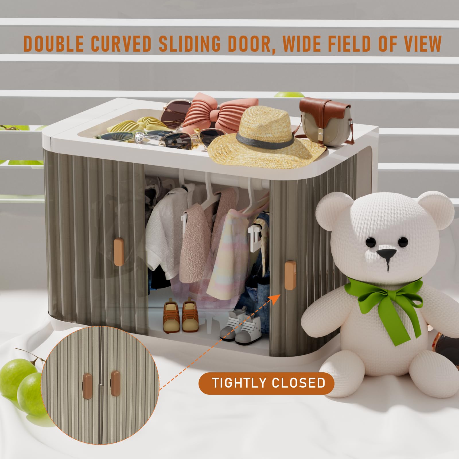 Creproly doll wardrobe with 10 hangers neatly displaying doll outfits