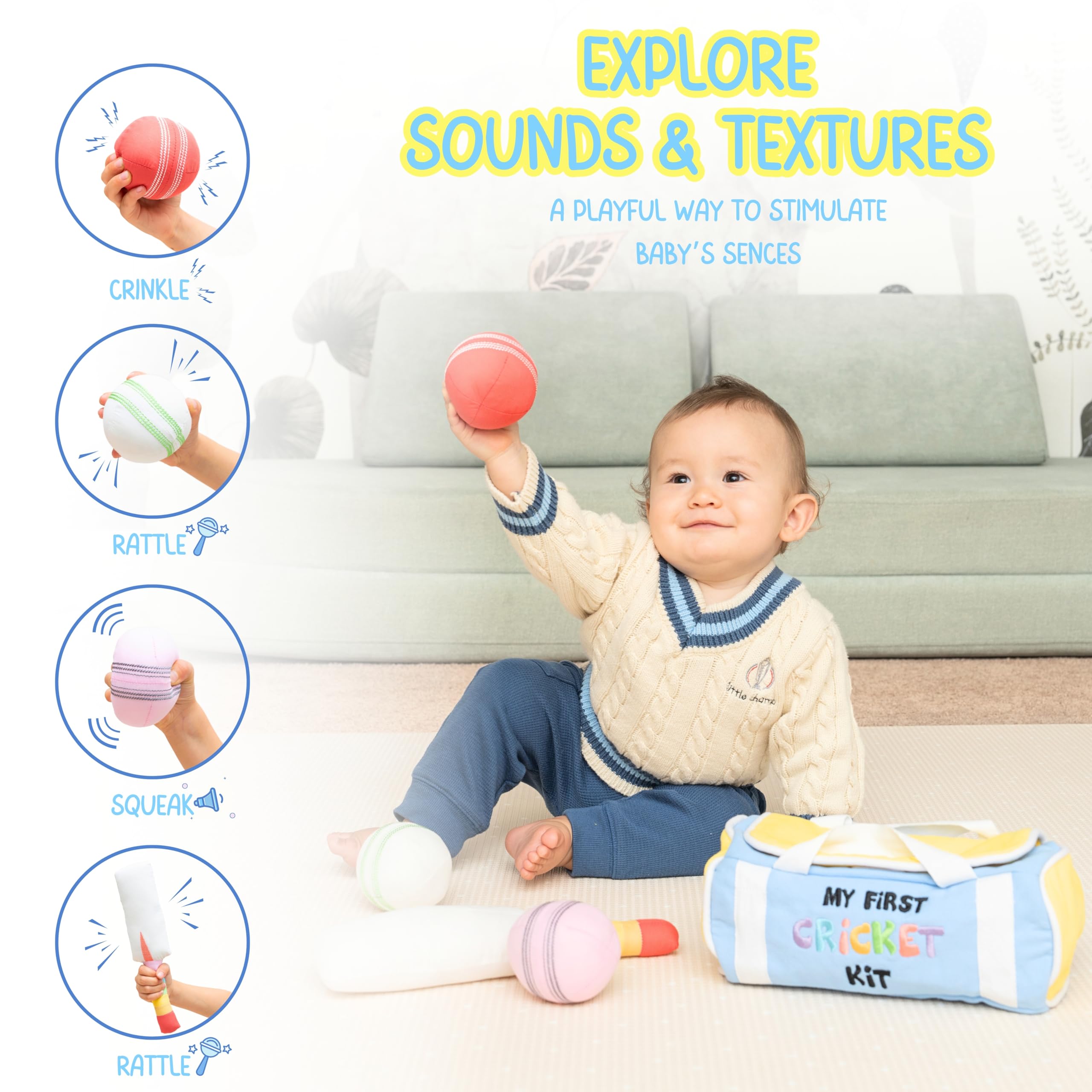 CRICBABY My First Cricket Kit rattle ball white aids gentle auditory awareness.