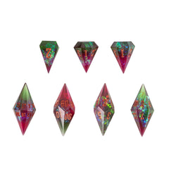 CRITALLIC 7pcs Diamond DND dice in red and green with dazzling facets for immersive play.
