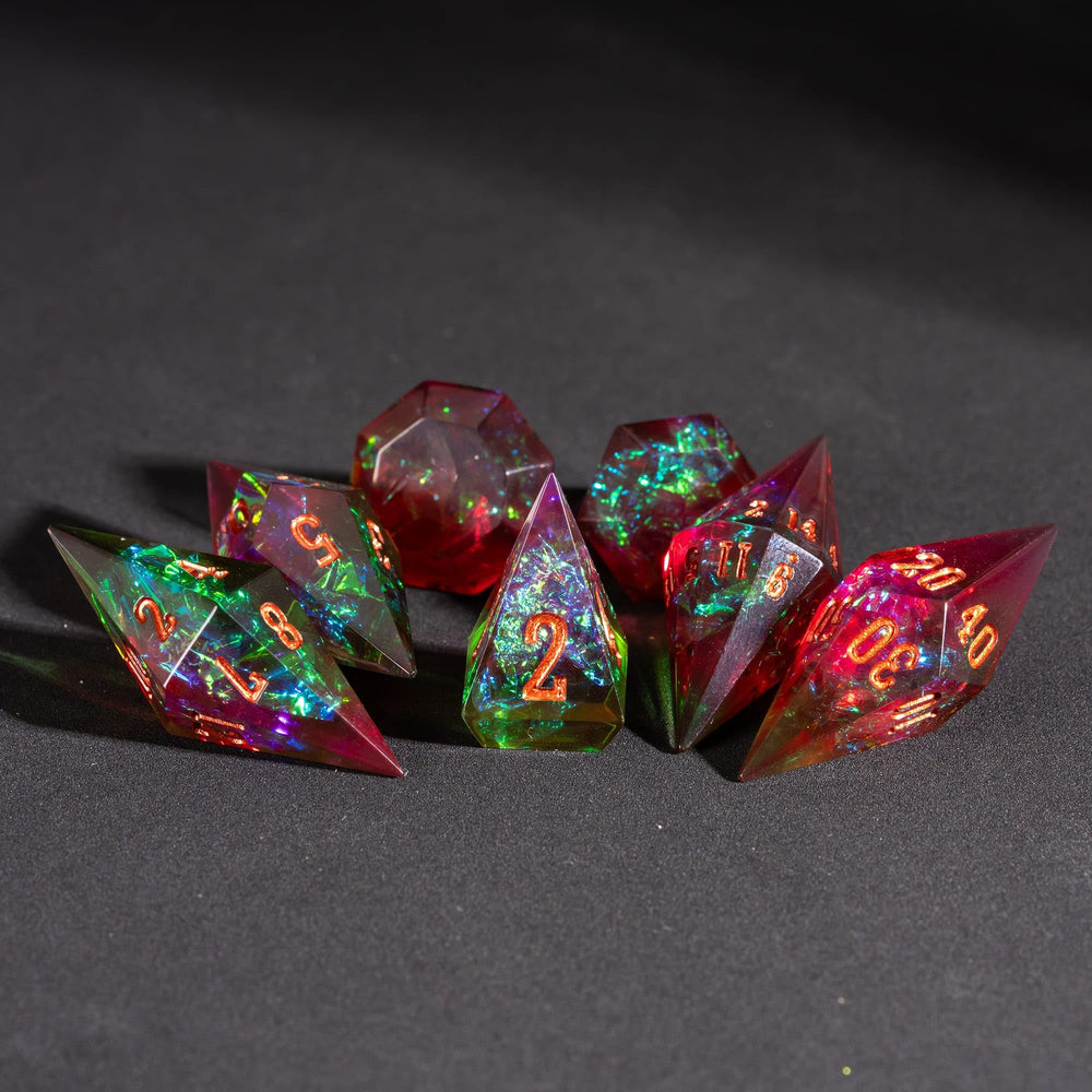 CRITALLIC faceted-dice reflect light for an eye-catching gaming centerpiece.