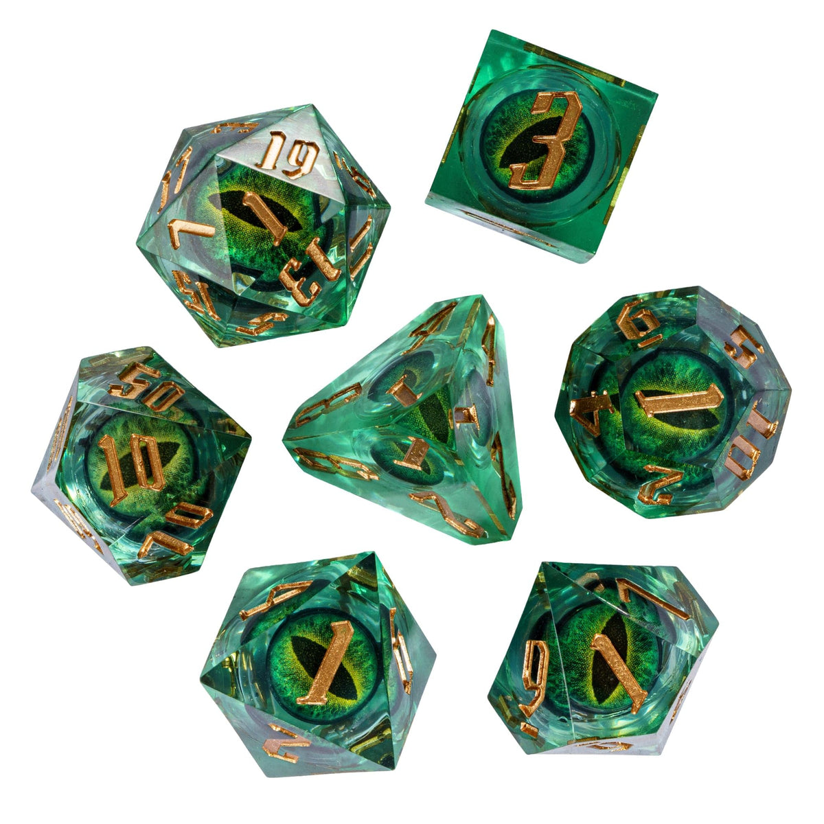 CRITALLIC dragon eye liquid core dice display vibrant transparency for immersive sessions.