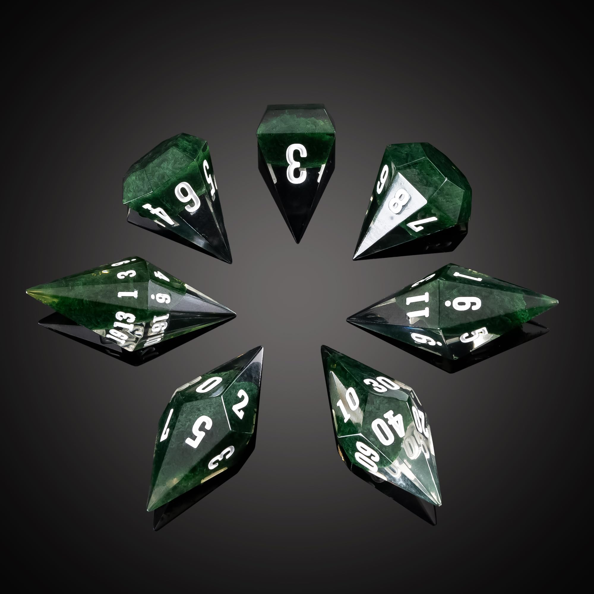 CRITALLIC ghost green diamond dice set showcases glittering polyhedral dice for D&D