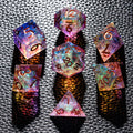 CRITALLIC 7-piece DND dice set close-up highlights transparent sharp edges and vivid purple-orange hues.