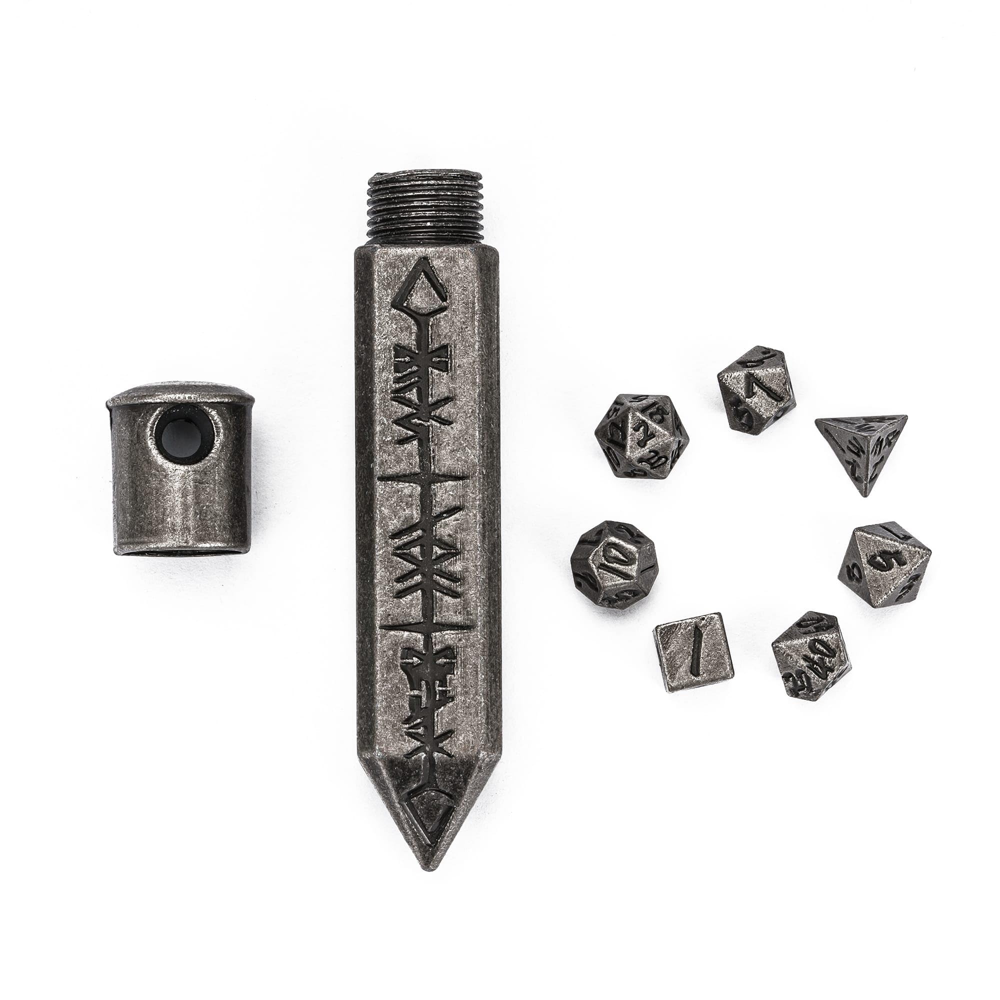 CRITALLIC mini DND dice set with rune keycase for portable tabletop gaming.