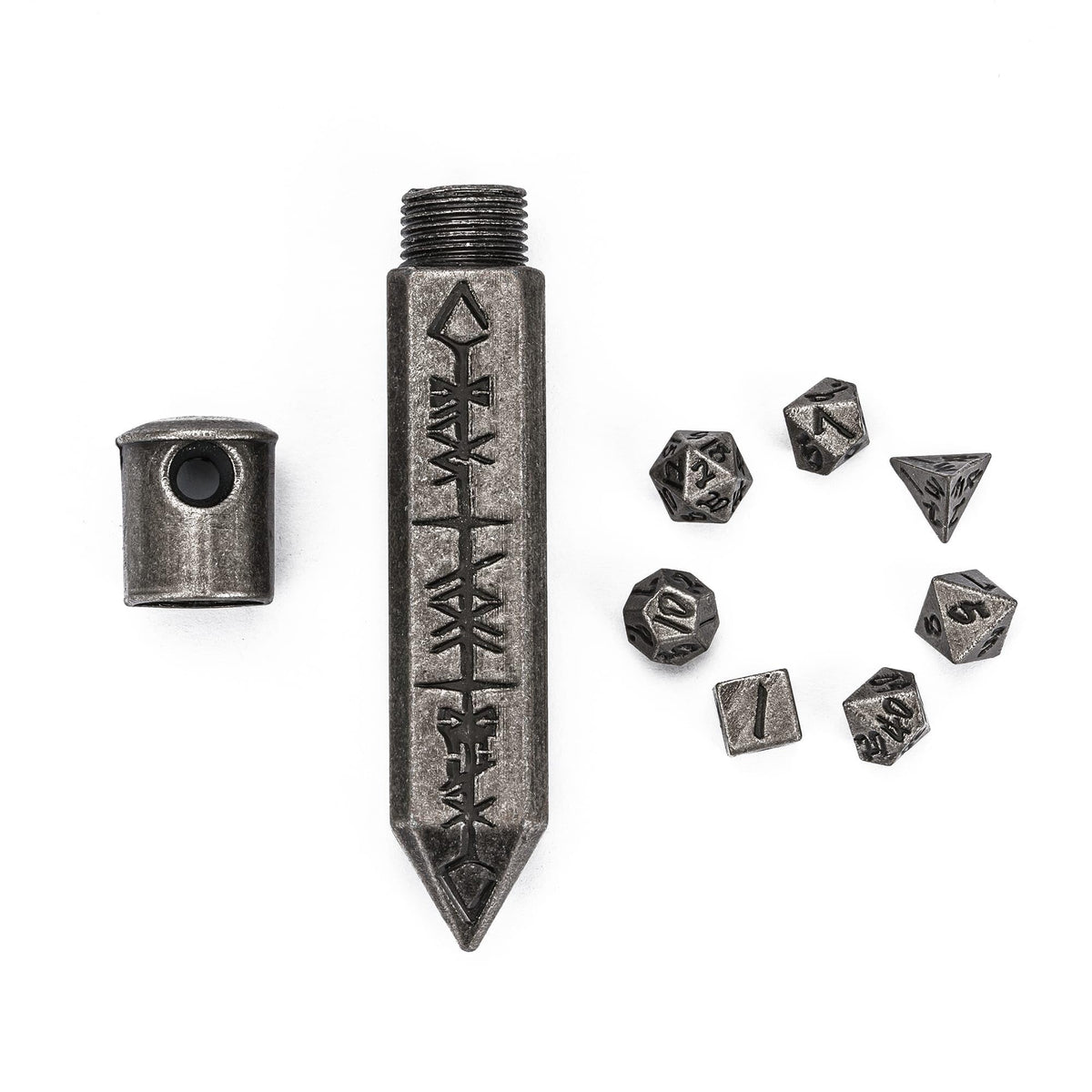 CRITALLIC mini DND dice set with rune keycase for portable tabletop gaming.