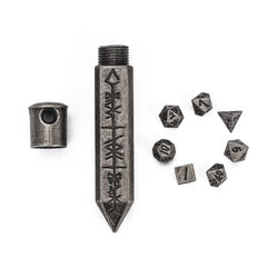 CRITALLIC mini DND dice set with rune keycase for portable tabletop gaming.