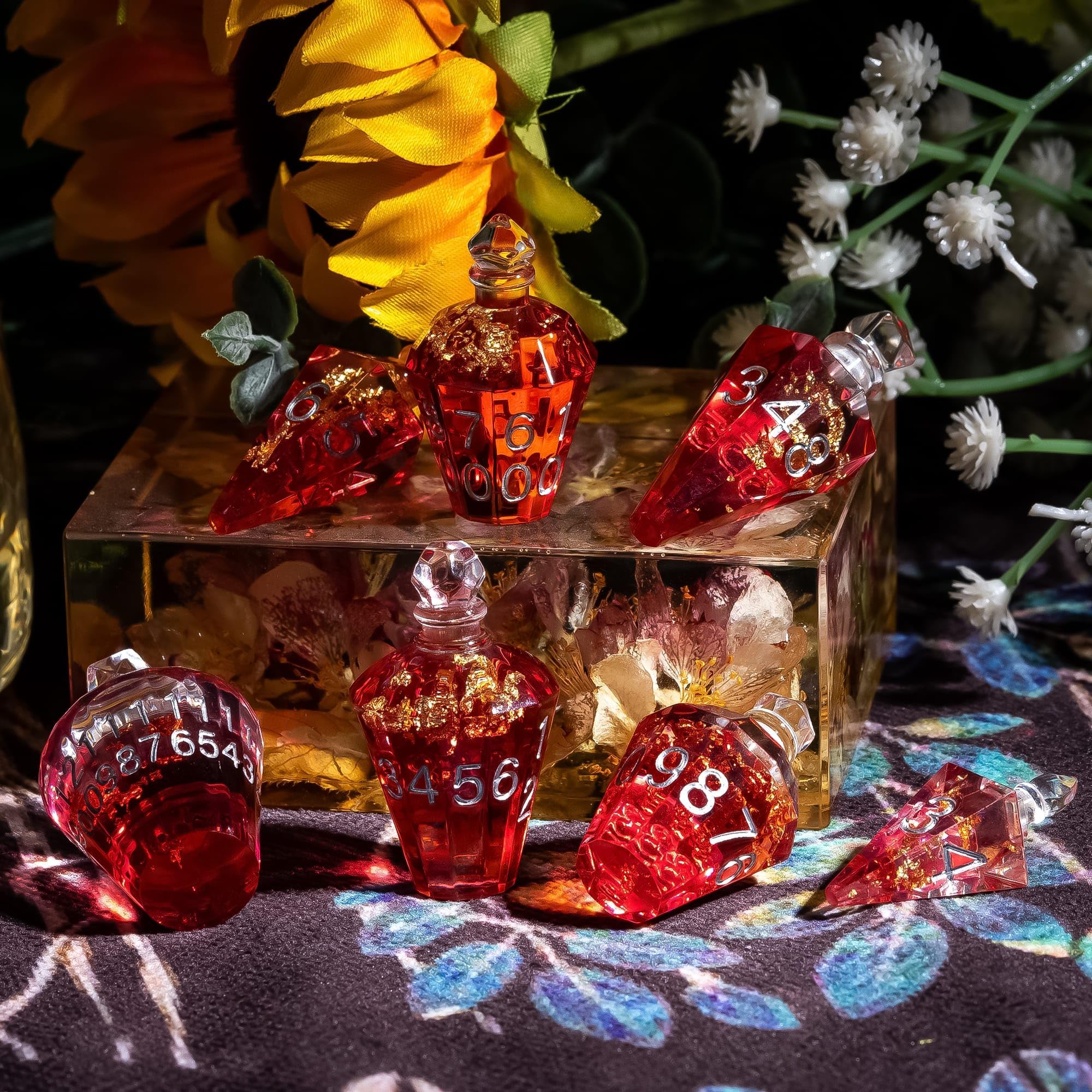 CRITALLIC transparent red dice bottle catches light beautifully.