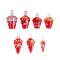 CRITALLIC potion dice in a red bottle with gold foil enhances table ambiance.