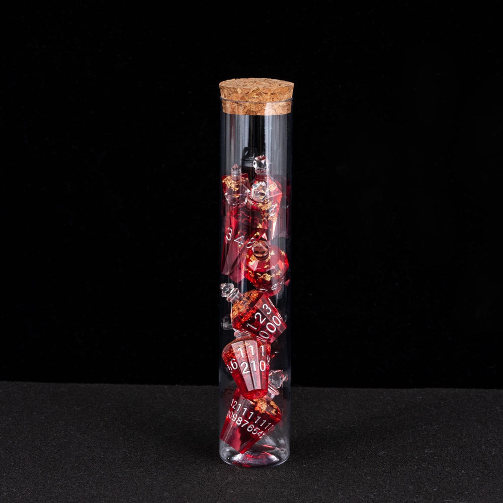 CRITALLIC red bottle glow highlights display-worthy dice.