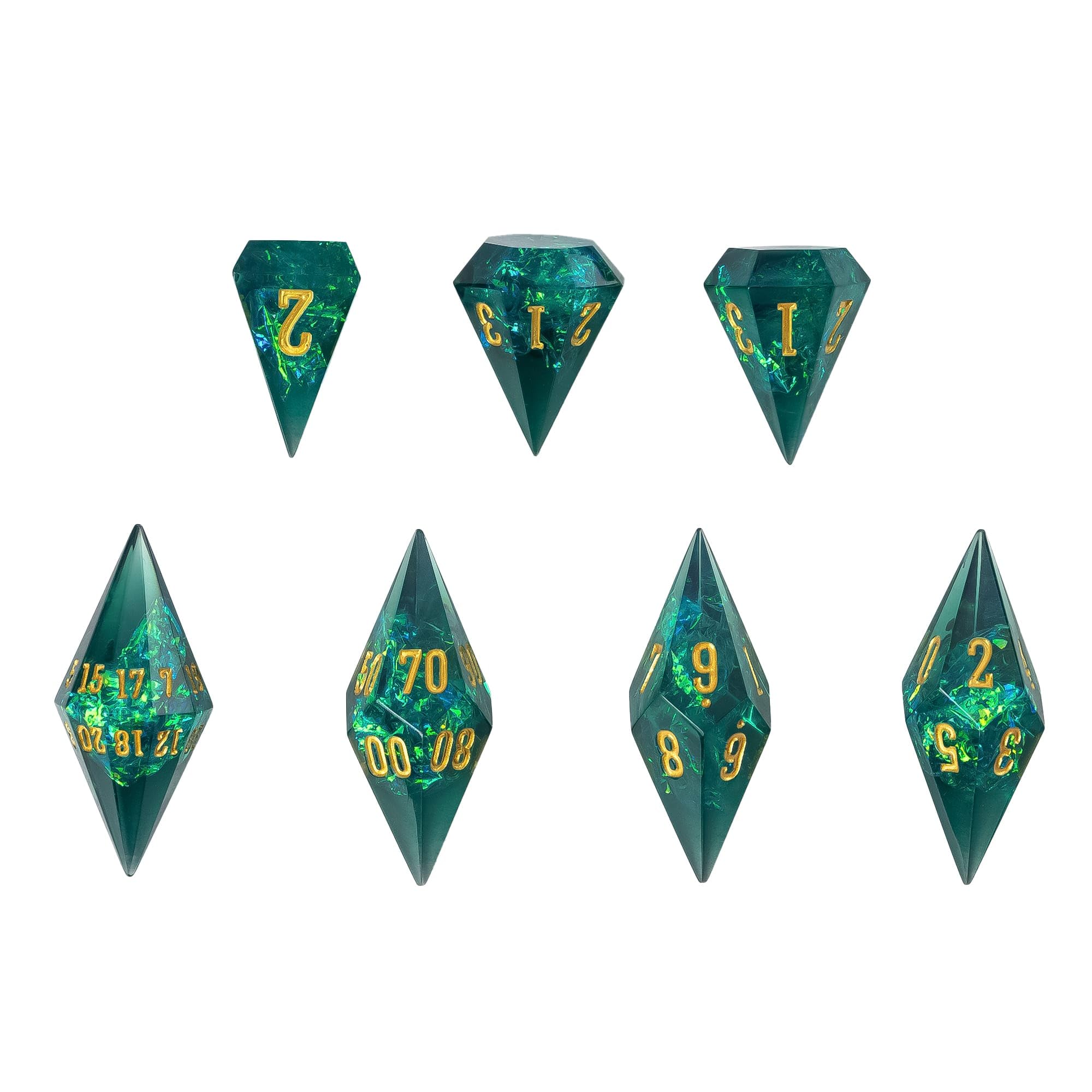 CRITALLIC Diamond DND dice set green facets for precise, smooth rolls.