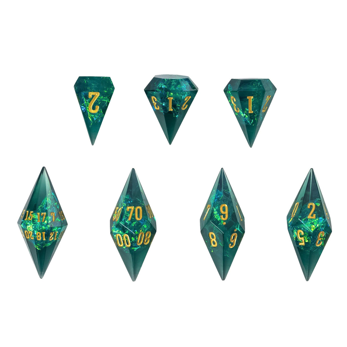 CRITALLIC Diamond DND dice set green facets for precise, smooth rolls.