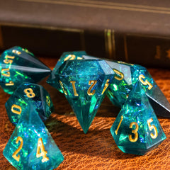 CRITALLIC Diamond DND dice set green craftsmanship shown in light for a premium look.