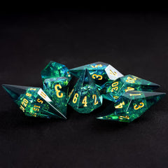CRITALLIC Diamond DND dice set green transparency creates dramatic glow under lighting.