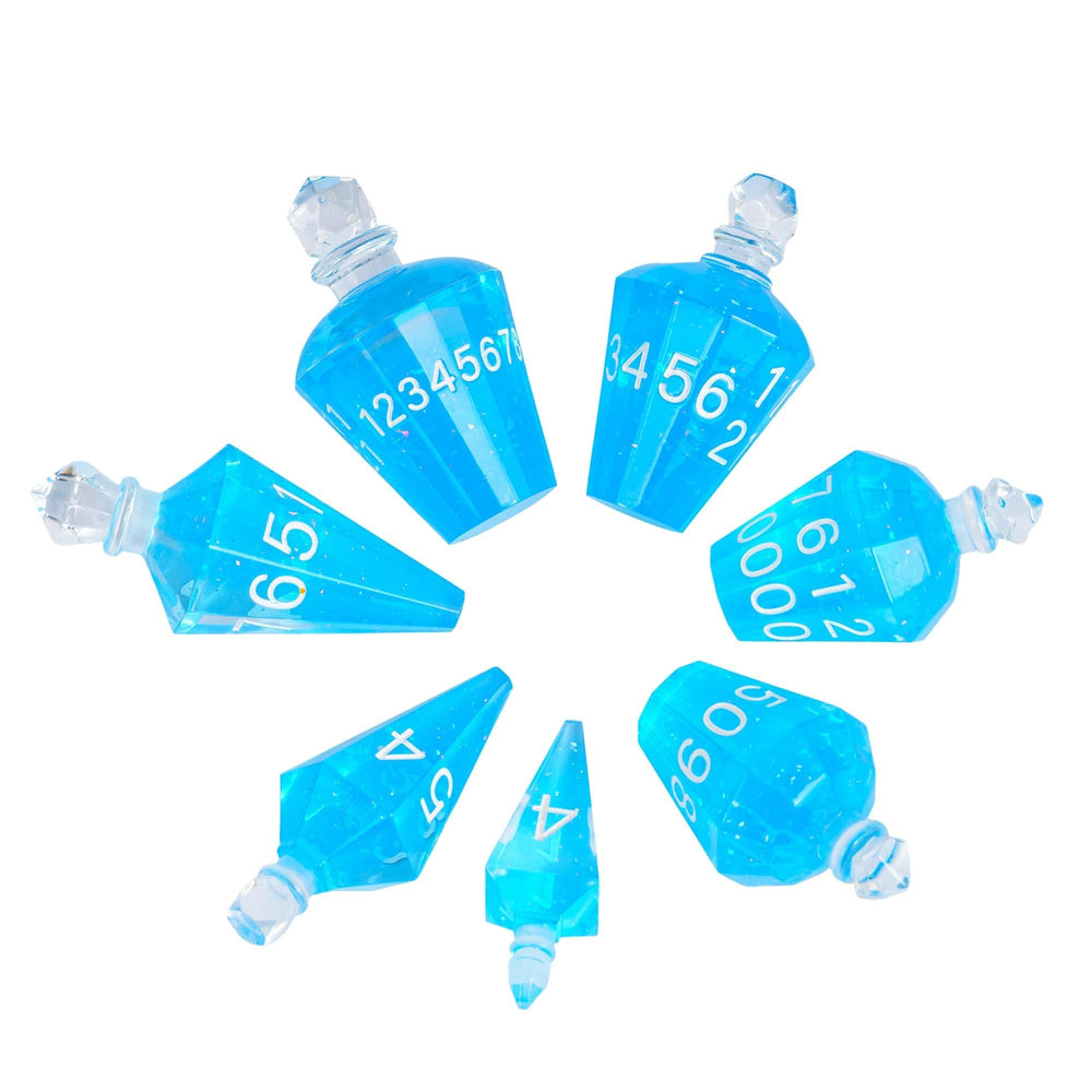 CRITALLIC potion dice blue bottle captures shimmering resin tones during dramatic campaigns.