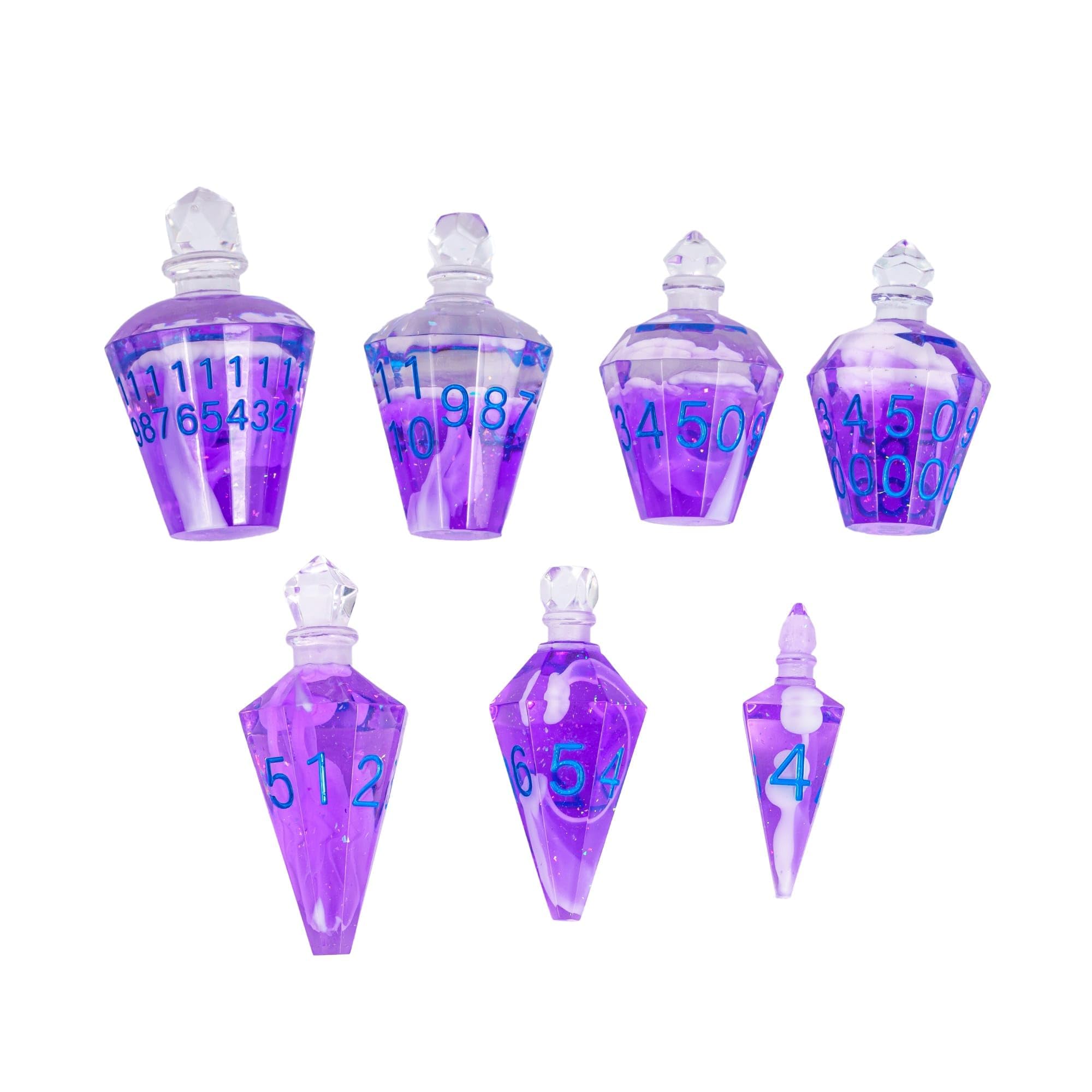 CRITALLIC potion DND dice set in a transparent bottle with white smoke for immersive rolls.