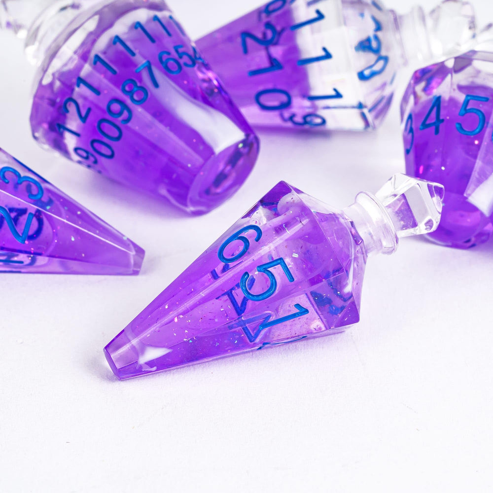 CRITALLIC purple potion dice with smoky visuals enhancing dramatic gameplay.