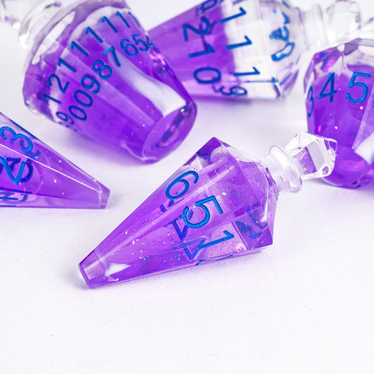 CRITALLIC purple potion dice with smoky visuals enhancing dramatic gameplay.