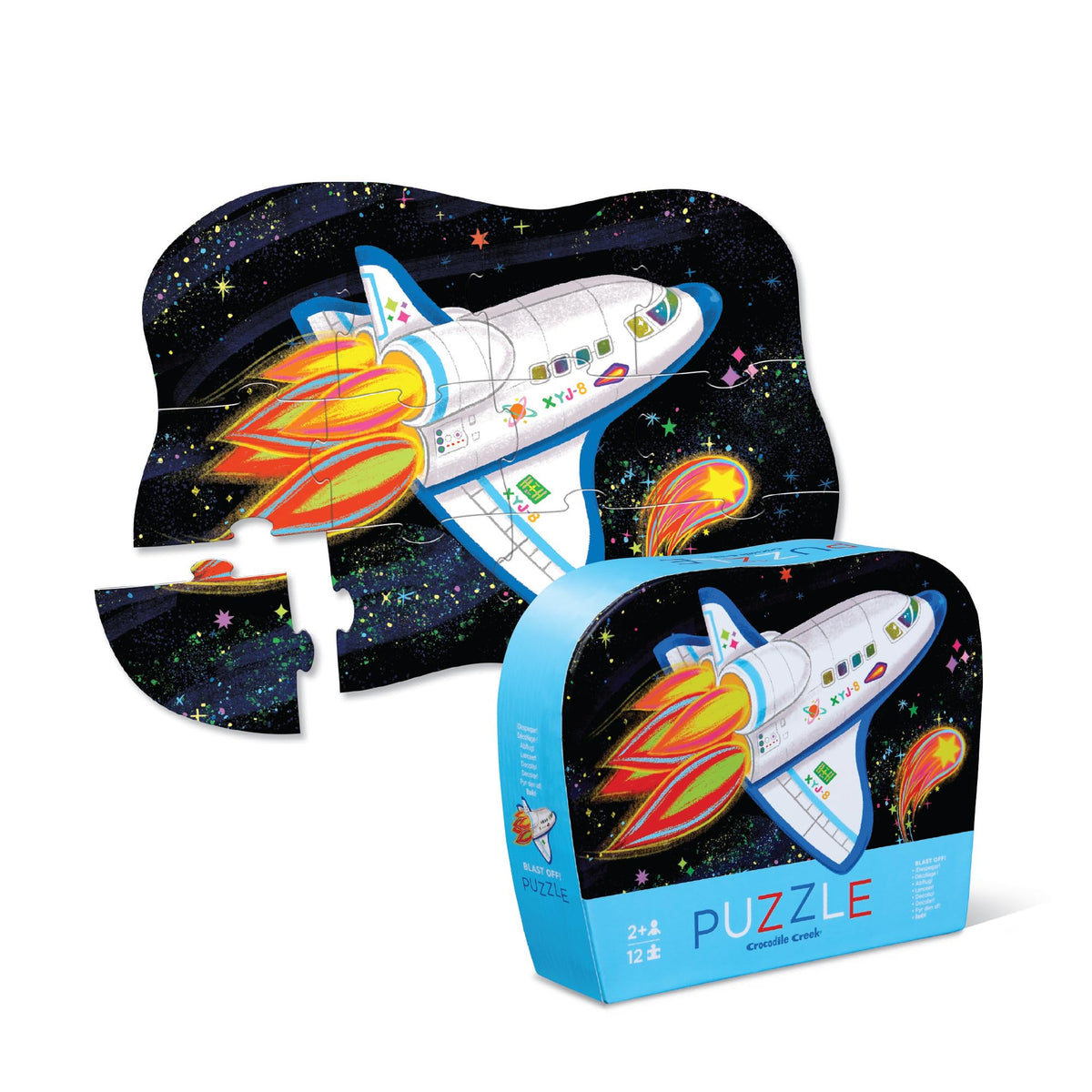 Crocodile Creek Blast Off puzzle box with rocket illustration for screen-free play and storage