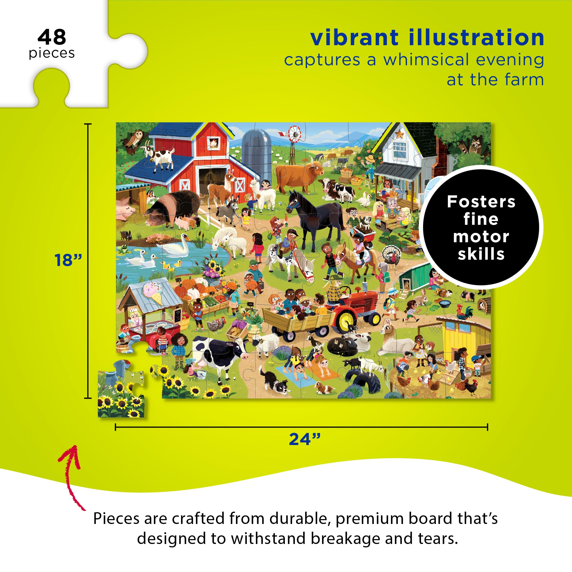 Crocodile Creek bold colors designs support visual learning through vibrant farm scenes.