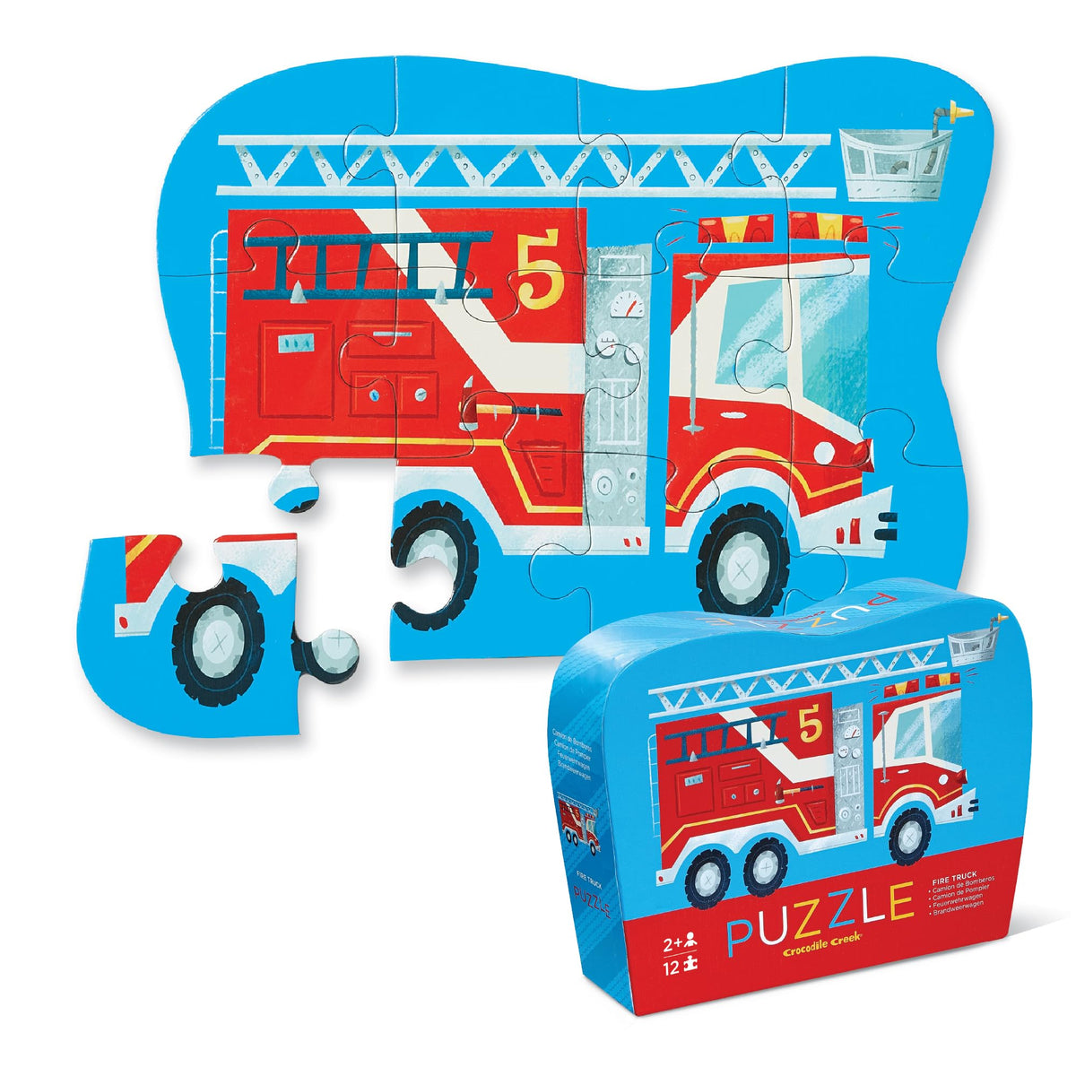 Crocodile Creek Fire Truck 12-piece puzzle on the floor promotes early hand-eye coordination.