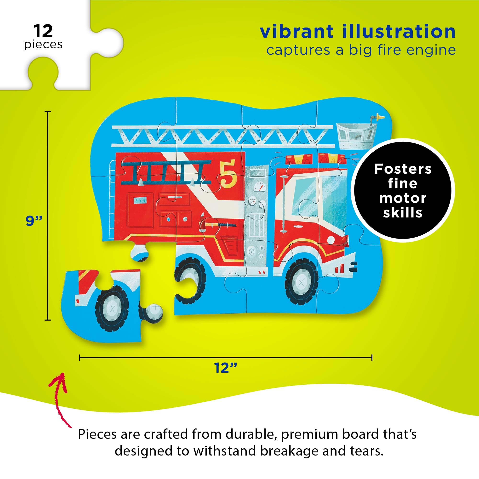 Crocodile Creek Fire Truck large-piece puzzle supports fine motor skills and coordination.