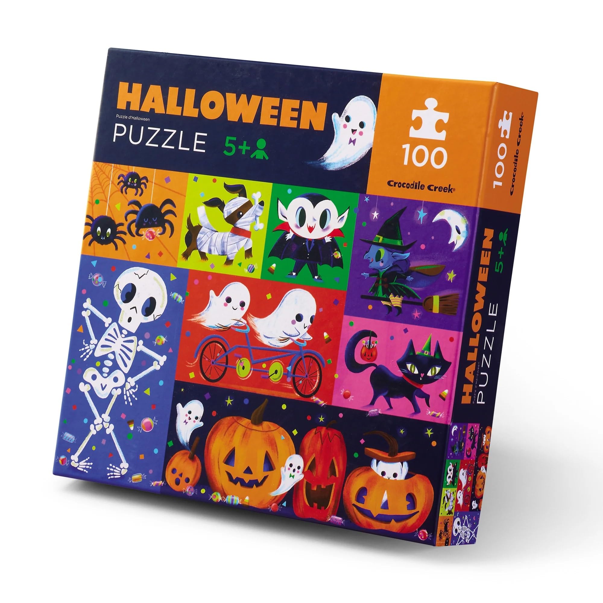 Crocodile Creek Halloween 100-piece floor puzzle laid out for kids five and up, fostering focused play.