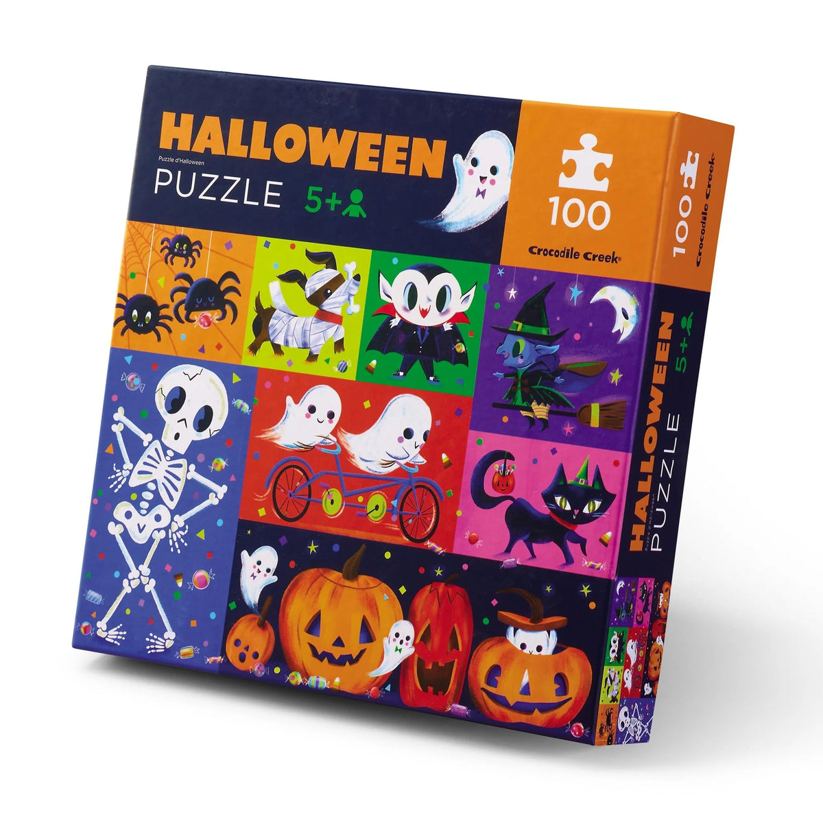 Crocodile Creek Halloween 100-piece floor puzzle laid out for kids five and up, fostering focused play.