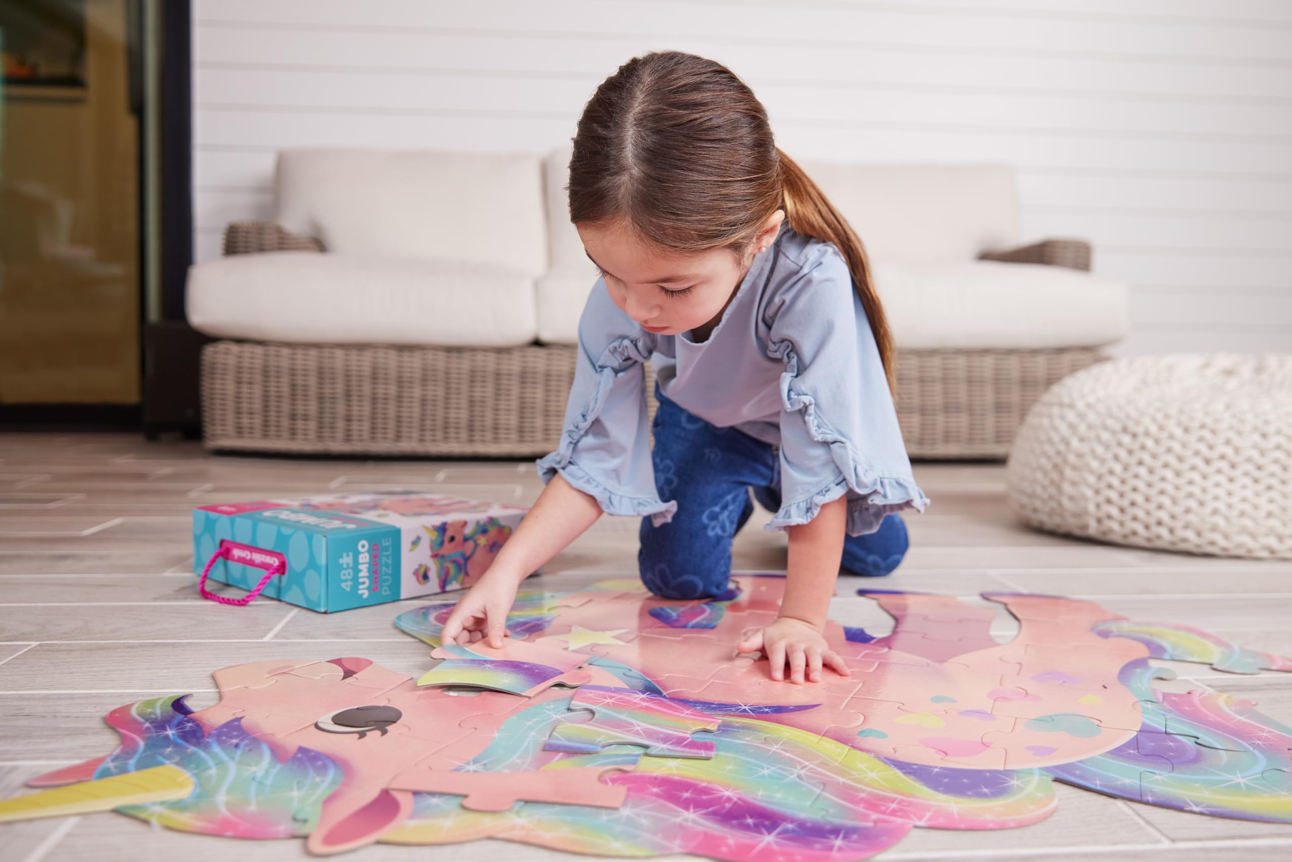 Crocodile Creek large pieces on a hand-friendly unicorn puzzle to boost dexterity.