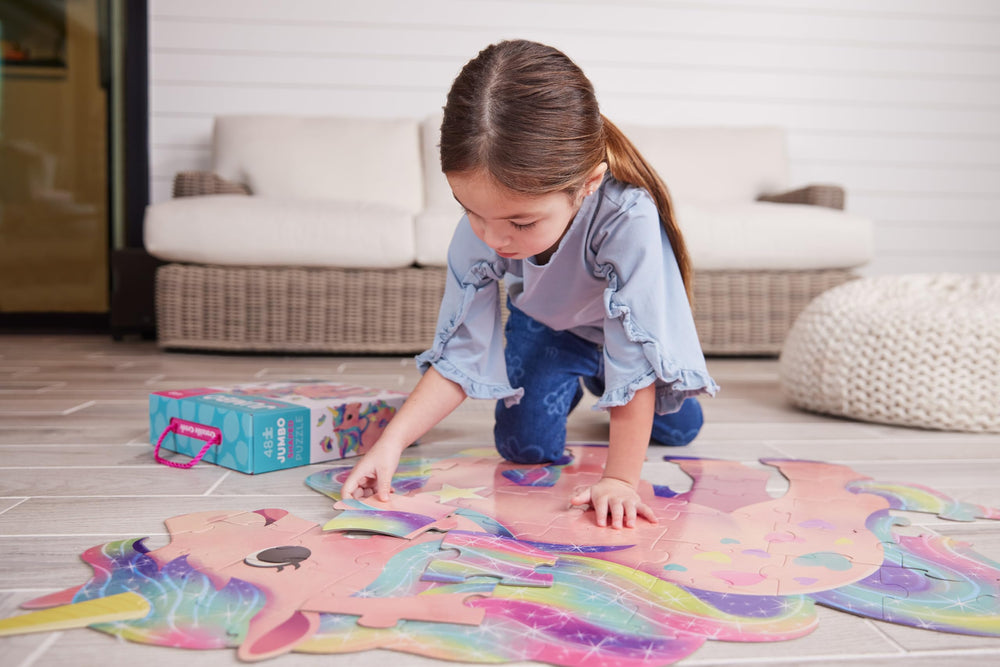 Crocodile Creek large pieces on a hand-friendly unicorn puzzle to boost dexterity.