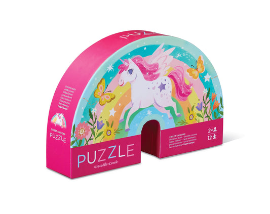 Crocodile Creek Sweet Unicorn 12-piece puzzle on the floor boosts early problem-solving.