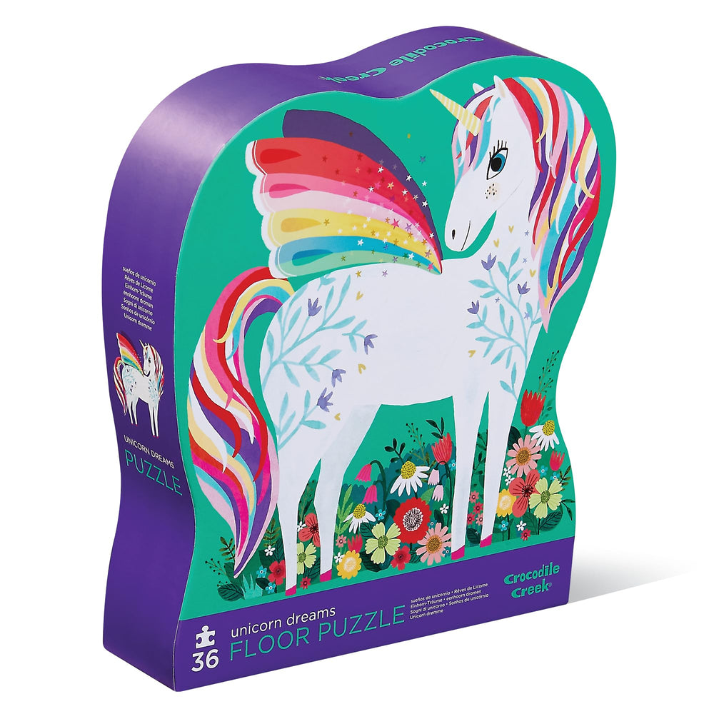 Crocodile Creek Unicorn Dreams floor puzzle pieces to boost fine motor skills.