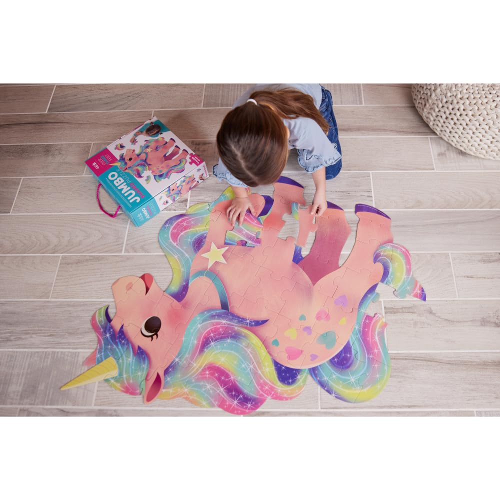 Crocodile Creek unicorn puzzle laid on the floor supports imaginative play.