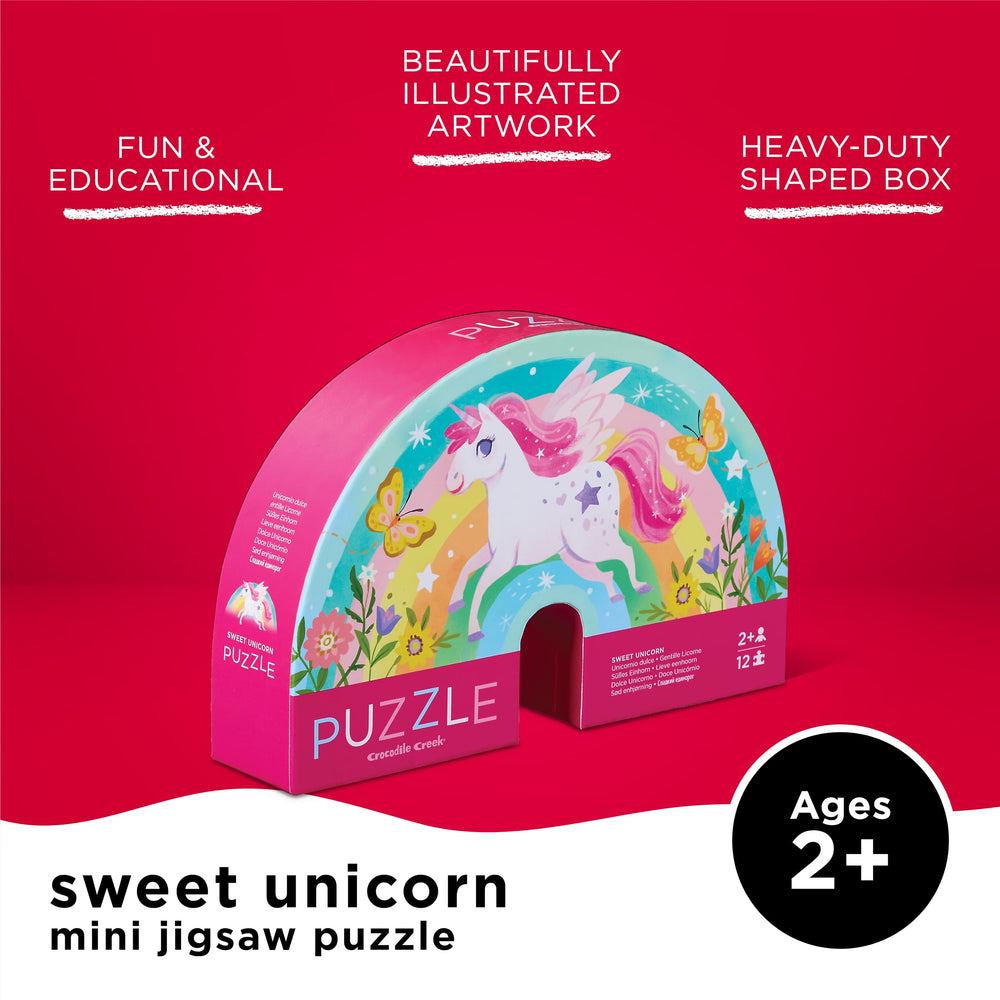 Crocodile Creek Unicorn puzzle storage box keeps pieces organized after play.