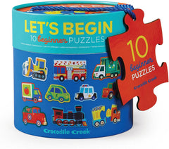 Crocodile Creek colorful vehicles puzzle supports early learning with vibrant vehicle scenes.