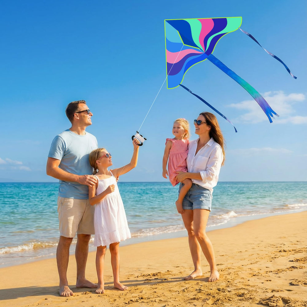 Crogift family at the beach enjoying kite-flying together.