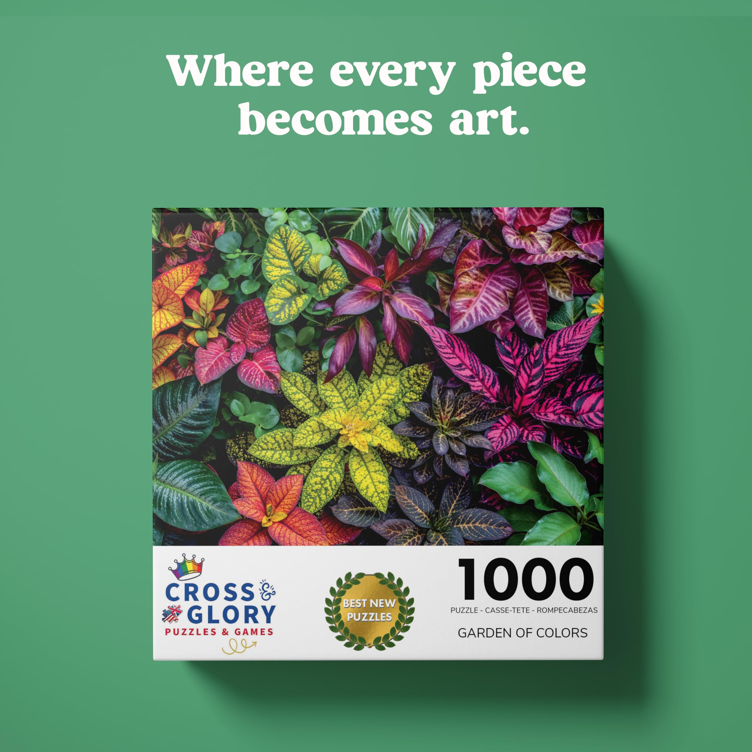 Cross & Glory Garden of Colors puzzle pieces closeup highlights intricate flora details for cozy evenings.