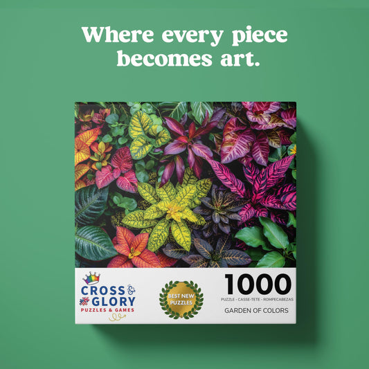 Cross & Glory Garden of Colors puzzle pieces closeup highlights intricate flora details for cozy evenings.