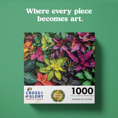 Cross & Glory Garden of Colors puzzle pieces closeup highlights intricate flora details for cozy evenings.