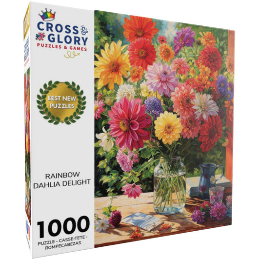 Cross & Glory Rainbow Dahlia Delight puzzle pieces, vibrant colors enhance the assembly experience.