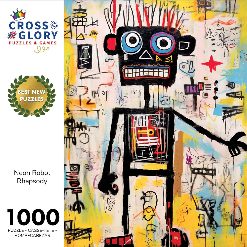 Cross & Glory Neon Robot Rhapsody puzzle pieces laid out for a challenging, satisfying session.