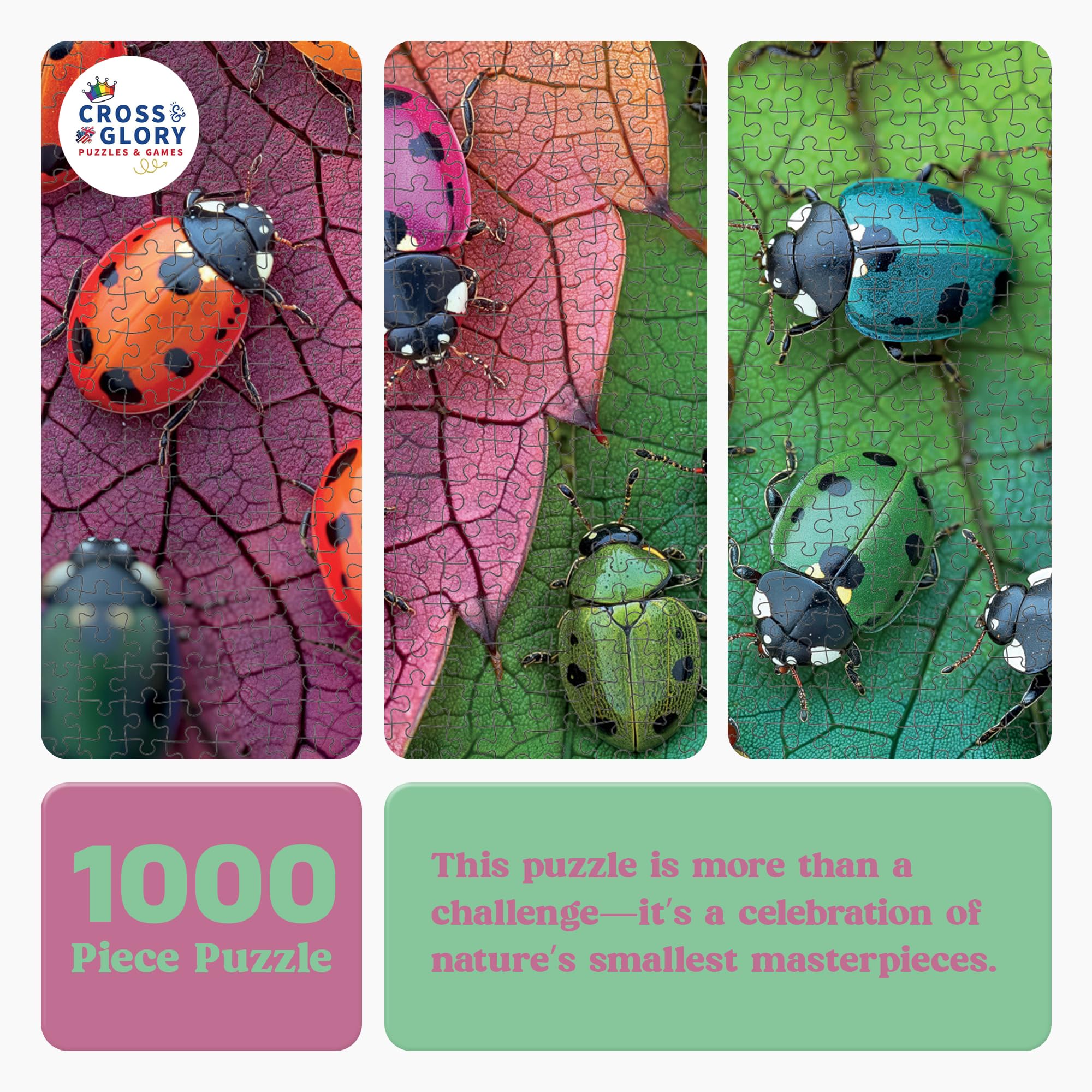 Cross & Glory Vibrant nature scene with ladybugs on leaves inspires a calming escape.