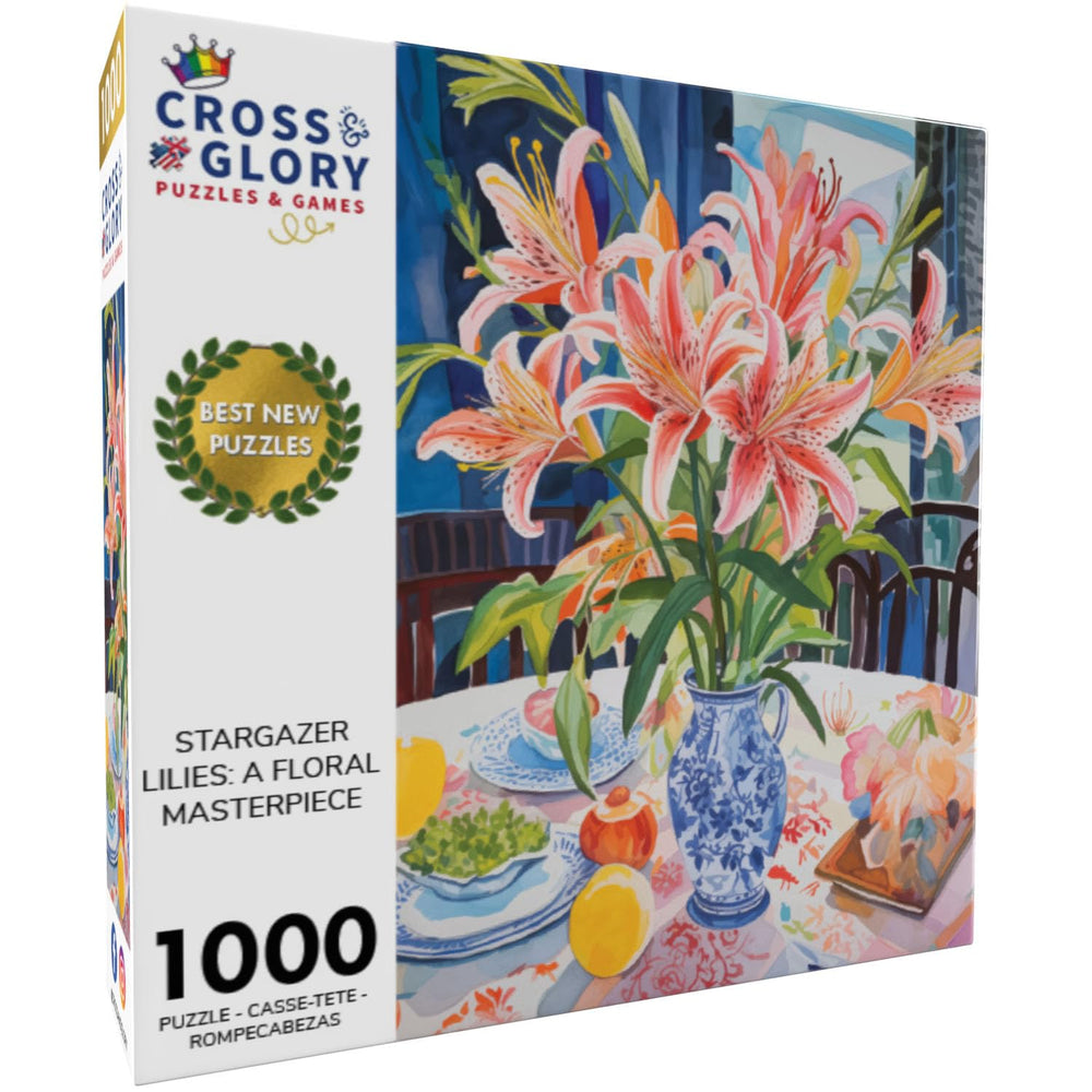 Cross & Glory Stargazer Lilies puzzle pieces close-up showing vivid flower detail for mindful puzzling.