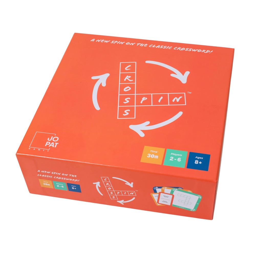 Cross Spin cover image shows vibrant components for family game night fun.
