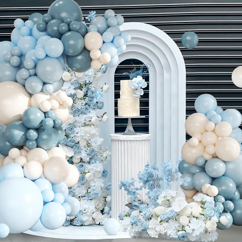 CROSSFINGERS blue and white balloon arch assembly as baby shower backdrop.