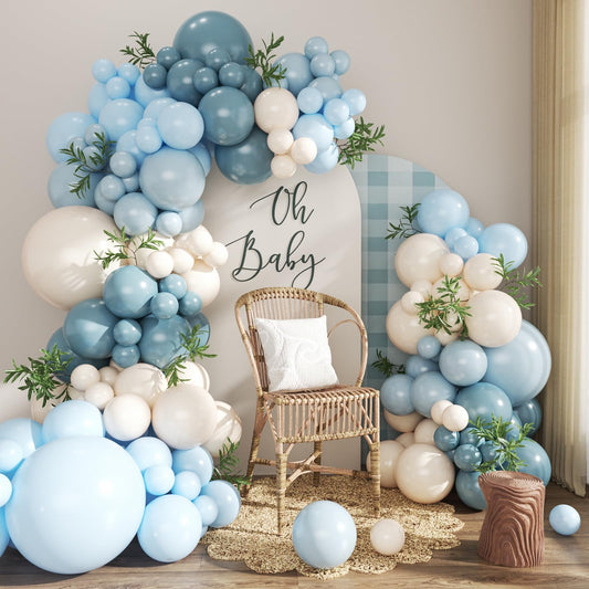 CROSSFINGERS dusty blue balloon arch kit ready for a stylish backdrop.